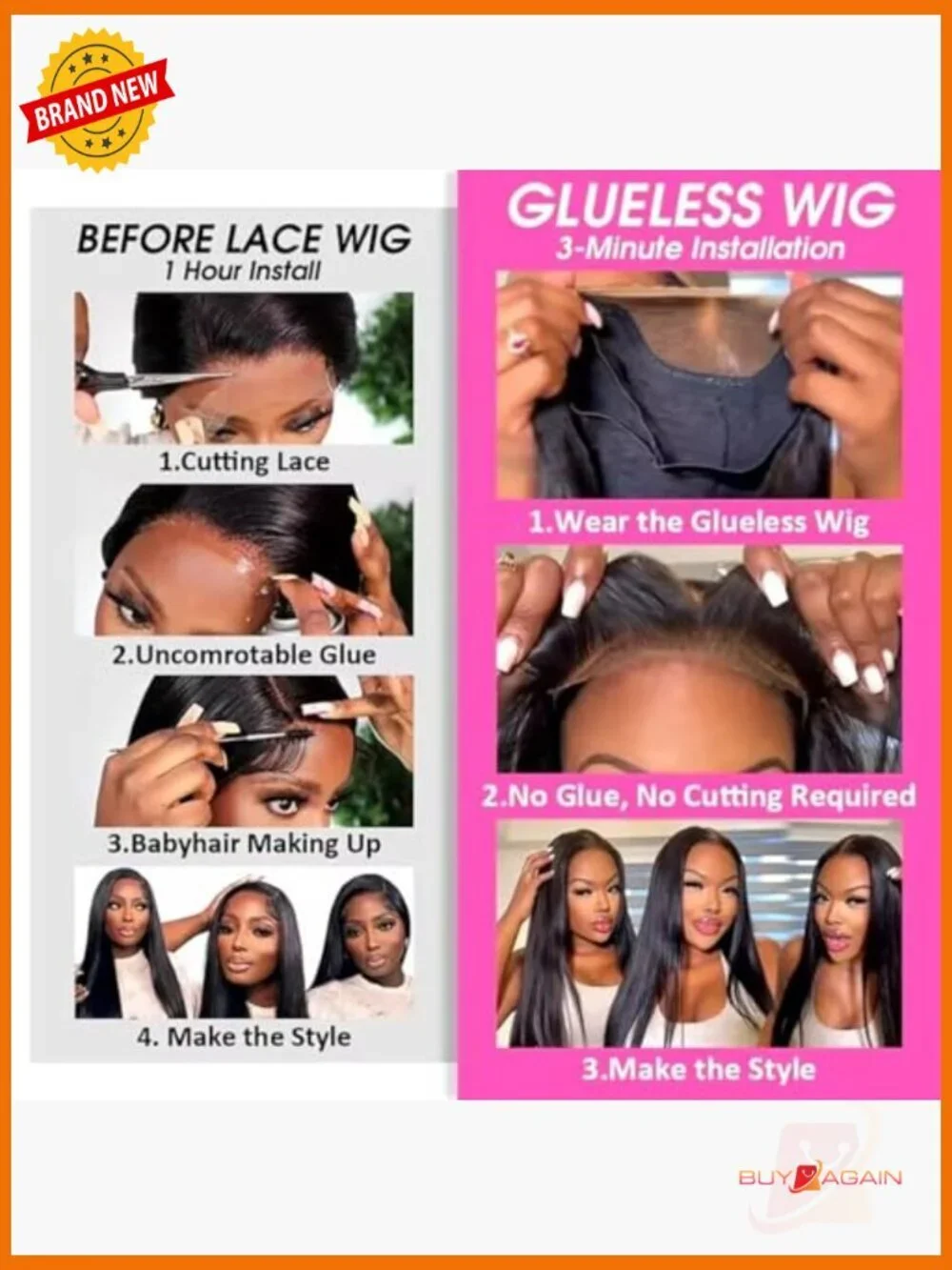 100% Human Hair Glueless Lace Front Wig 26 Inch Straight Pre Cut 6x4 Skin Melt